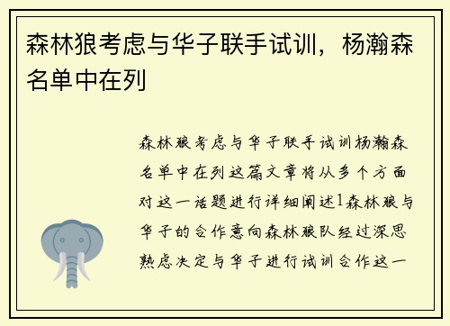 森林狼考虑与华子联手试训，杨瀚森名单中在列